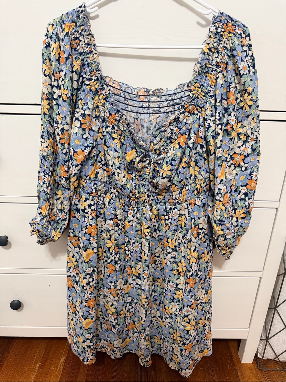 American Eagle Outfitters Blue Floral Midi Dress with Yellow & White Flowers